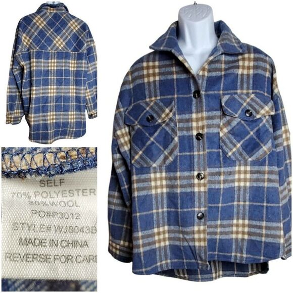 Timing Wool Blend Flannel Shirt Large Brown Blue Plaid Grunge Hipster Festival - Picture 8 of 8